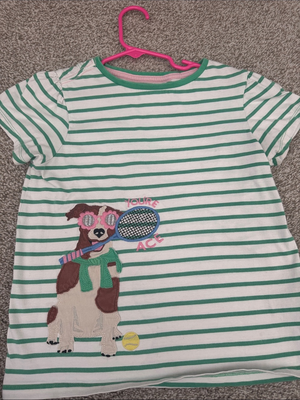 Joules White & Green Striped Tee with Tennis Dog Appliqué